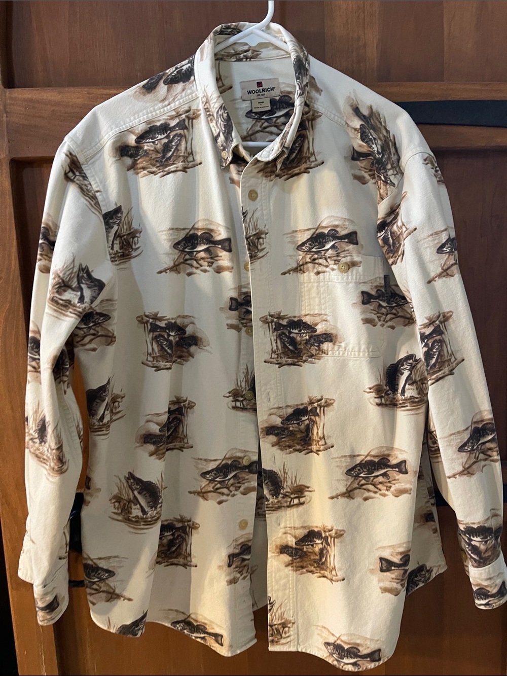 Woolrich Cream Button-Up Fishing-Print Shirt Jacket